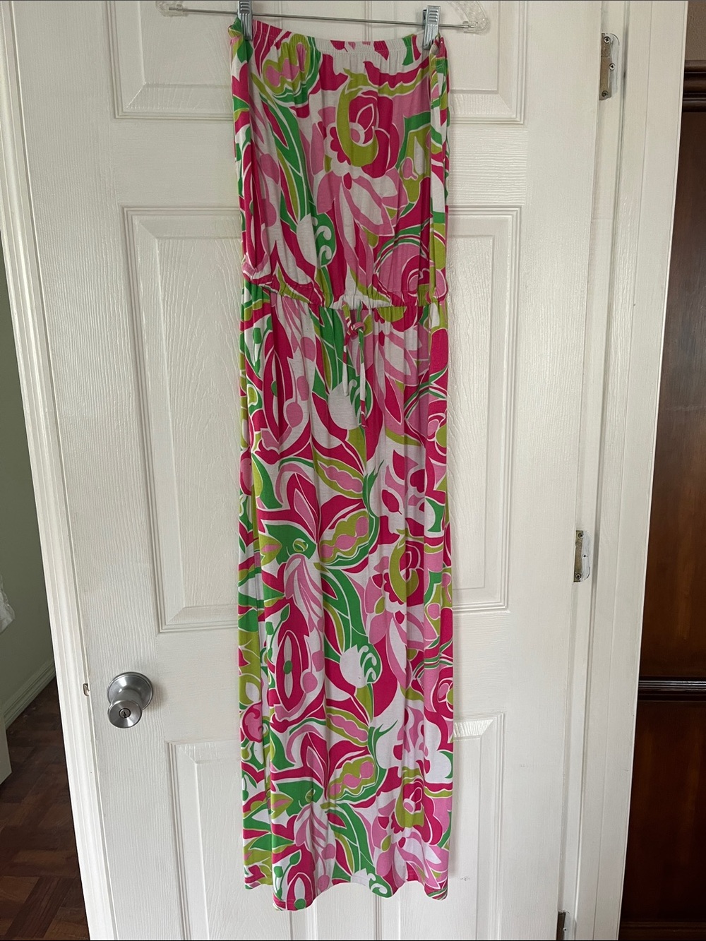 Macbeth Collection by Margaret Josephs Pink, Green & White Floral Strapless Maxi